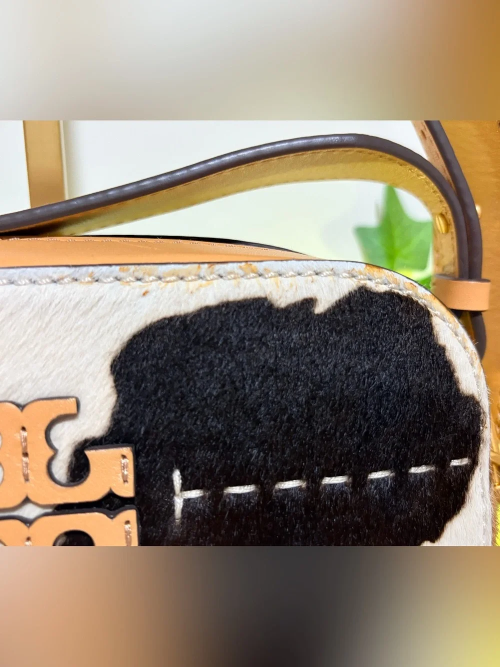Tory Burch Black, White, & Brown Cowhide Camera Crossbody with Tan Trim